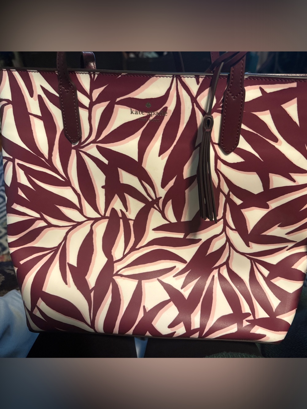 kate spade Burgundy and Cream Leaf-Print Tote
